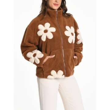 KEOMUD Women’s Cozy Floral Sherpa Jacket for Winter