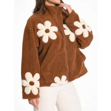 KEOMUD Women’s Cozy Floral Sherpa Jacket for Winter
