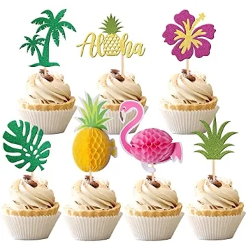 28 PCS Tropical Cupcake Toppers | Glitter Leaf Pineapple Flamingo Decorations