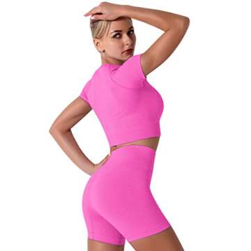 IWEMEK Workout sets for Women 2 Piece Yoga Outfit Seamless Tummy Control High Waist Running Biker Sh...