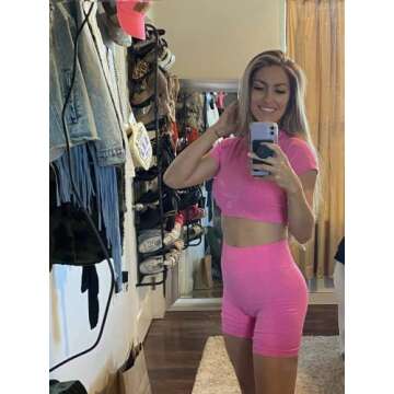 IWEMEK Workout sets for Women 2 Piece Yoga Outfit Seamless Tummy Control High Waist Running Biker Shorts and Short Sleeve Crop Tops Athletic Gym Clothes Hot Pink Large