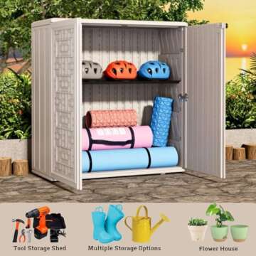 ZZM HDPE Outdoor Storage Shed, Outdoor Plastic Storage Cabinet, Horizontal Resin Tool Shed for Garden, All Weather Outdoor Storage Clearance, DIY Usage, with one Shelf (White)