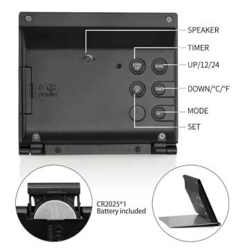 Betus Digital Travel Alarm Clock - Foldable Calendar & Temperature & Timer LCD Clock with Snooze Mode - Large Number Display, Battery Operated - Compact Desk Clock for All Ages (Black)