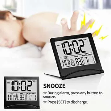Betus Digital Travel Alarm Clock - Foldable Calendar & Temperature & Timer LCD Clock with Snooze Mode - Large Number Display, Battery Operated - Compact Desk Clock for All Ages (Black)