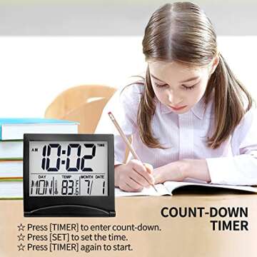 Betus Digital Travel Alarm Clock - Foldable Calendar & Temperature & Timer LCD Clock with Snooze Mode - Large Number Display, Battery Operated - Compact Desk Clock for All Ages (Black)