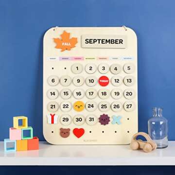 Blue Ginkgo Wooden Kids Calendar – Perpetual Montessori Learning Calendar to Learn Seasons, Months, and Days of the Week (15.5 x 12.5 Inches)