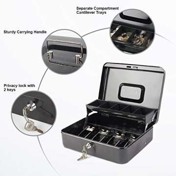 KYODOLED Locking Cash Box with Lock,Money Box with Cash Tray,Lock Safe Box with Key,Money Saving Org...
