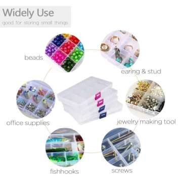 Opret 15 Girds Bead Organizer(4 Pack), Earring Organizer Box, SMALL Plastic Clear Organizing Containers with Adjustable Dividers for Crafts Jewelry Screws Small Items, Size 6.9×3.9×0.9in