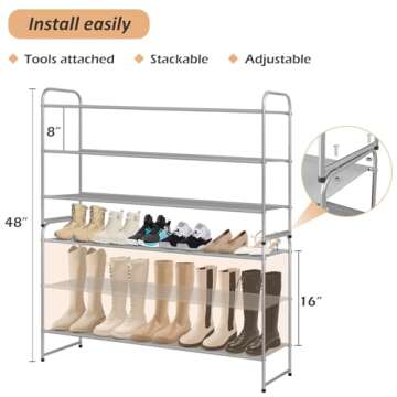 MISSLO Long 3 Tier Shoe Rack for Closet Shoe Organizer Storage Stackable Wide Shoe Shelf Holds 24 Pairs of Men Sneakers, Women Heels, Boots, Grey