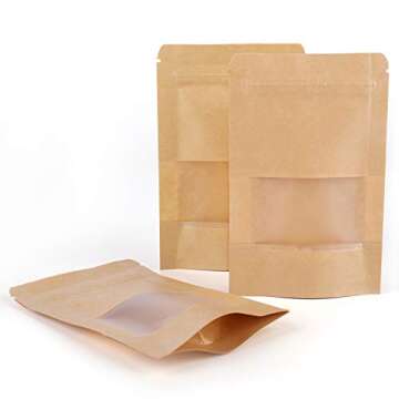 Kingrol 300 Pack 3.5 x 5.5 Inch Mini Kraft Paper Bags with Resealable Lock Seal Zipper &Transparent Window, Stand Up Food Bags