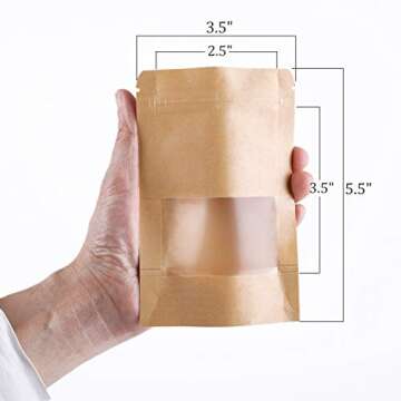 Kingrol 300 Pack 3.5 x 5.5 Inch Mini Kraft Paper Bags with Resealable Lock Seal Zipper &Transparent Window, Stand Up Food Bags