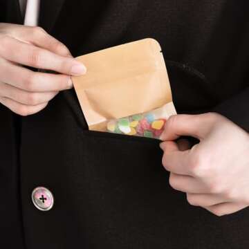 Kingrol 300 Pack 3.5 x 5.5 Inch Mini Kraft Paper Bags with Resealable Lock Seal Zipper &Transparent Window, Stand Up Food Bags