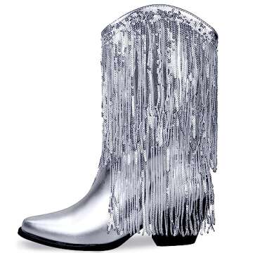 BIUBAKUA Silver Fringe Boots Women Metallic Cowgirl Cowboy Glitter Sparkle Boots Tassel Sequin Mid C...
