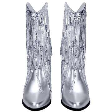 BIUBAKUA Silver Fringe Boots Women Metallic Cowgirl Cowboy Glitter Sparkle Boots Tassel Sequin Mid Calf Chunky Heel Pointed Toe Boots Pull on Party