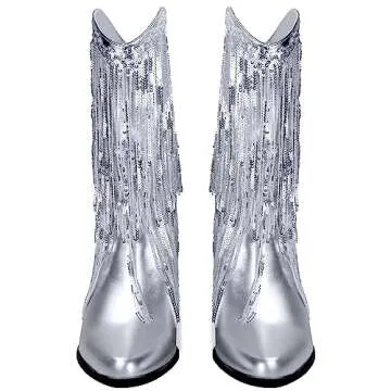 BIUBAKUA Silver Fringe Boots Women Metallic Cowgirl Cowboy Glitter Sparkle Boots Tassel Sequin Mid Calf Chunky Heel Pointed Toe Boots Pull on Party