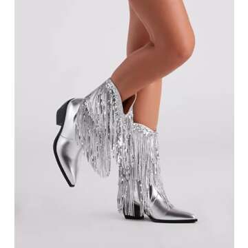 BIUBAKUA Silver Fringe Boots Women Metallic Cowgirl Cowboy Glitter Sparkle Boots Tassel Sequin Mid Calf Chunky Heel Pointed Toe Boots Pull on Party