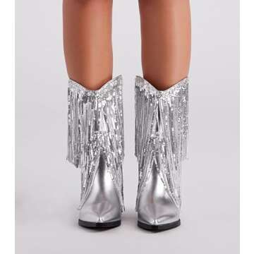 BIUBAKUA Silver Fringe Boots Women Metallic Cowgirl Cowboy Glitter Sparkle Boots Tassel Sequin Mid Calf Chunky Heel Pointed Toe Boots Pull on Party