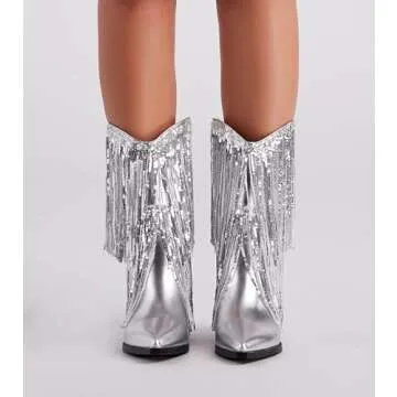 BIUBAKUA Silver Fringe Boots Women Metallic Cowgirl Cowboy Glitter Sparkle Boots Tassel Sequin Mid Calf Chunky Heel Pointed Toe Boots Pull on Party
