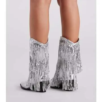 BIUBAKUA Silver Fringe Boots Women Metallic Cowgirl Cowboy Glitter Sparkle Boots Tassel Sequin Mid Calf Chunky Heel Pointed Toe Boots Pull on Party