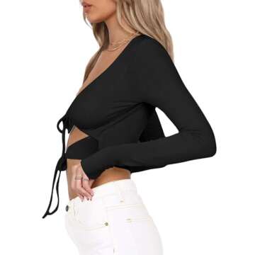 SOFIA'S CHOICE Women's Deep V Neck Ribbed Knit Long Sleeve Tie Front Crop Top T Shirt Black Large