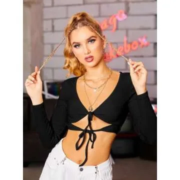 SOFIA'S CHOICE Women's Deep V Neck Ribbed Knit Long Sleeve Tie Front Crop Top T Shirt Black Large