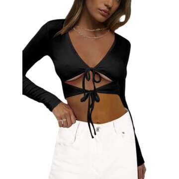 SOFIA'S CHOICE Women's Deep V Neck Ribbed Knit Long Sleeve Tie Front Crop Top T Shirt Black Large