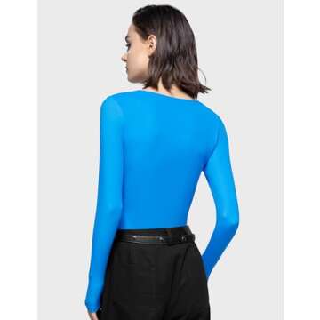 PUMIEY Women's Long Sleeve Sweetheart Neck T Shirts Slim Fit Sexy Basic Going Out Tops, Pool Small