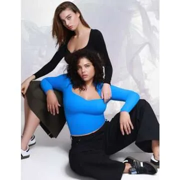 PUMIEY Women's Long Sleeve Sweetheart Neck T Shirts Slim Fit Sexy Basic Going Out Tops, Pool Small