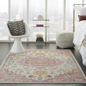 Nourison Passion Ivory/Pink 3'9" x 5'9" Area Rug, Boho, Moroccan, Bed Room, Living Room, Dining Room...