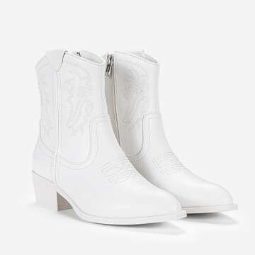 Vepose Women's 9816 White Cowboy Ankle Boots Western Short Cowgirl Embroidered Round Toe Low Heel Booties with Zipper Size 7.5(CJY9816 White 07.5)