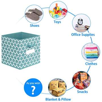 Homyfort Cube Storage Organizer Bins 11x11 - Fabric Storage Cubes Bin Foldable Baskets Square Box with Labels and Dual Sturdy Handles for Shelf, Nursery, Cabinet, Clothes, Toys, Set of 8 (Teal Blue)
