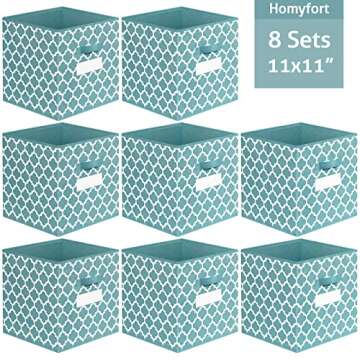 Homyfort Cube Storage Organizer Bins 11x11 - Fabric Storage Cubes Bin Foldable Baskets Square Box with Labels and Dual Sturdy Handles for Shelf, Nursery, Cabinet, Clothes, Toys, Set of 8 (Teal Blue)