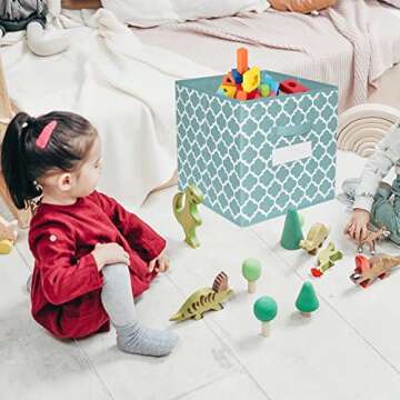 Homyfort Cube Storage Organizer Bins 11x11 - Fabric Storage Cubes Bin Foldable Baskets Square Box with Labels and Dual Sturdy Handles for Shelf, Nursery, Cabinet, Clothes, Toys, Set of 8 (Teal Blue)