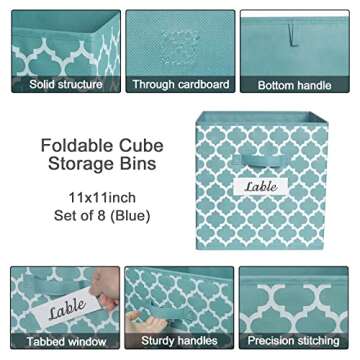 Homyfort Cube Storage Organizer Bins 11x11 - Fabric Storage Cubes Bin Foldable Baskets Square Box with Labels and Dual Sturdy Handles for Shelf, Nursery, Cabinet, Clothes, Toys, Set of 8 (Teal Blue)