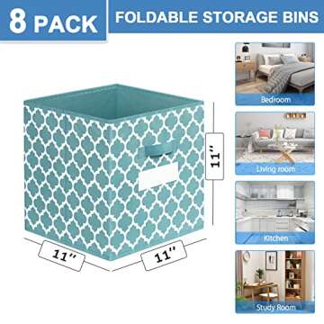 Homyfort Cube Storage Organizer Bins 11x11 - Fabric Storage Cubes Bin Foldable Baskets Square Box with Labels and Dual Sturdy Handles for Shelf, Nursery, Cabinet, Clothes, Toys, Set of 8 (Teal Blue)