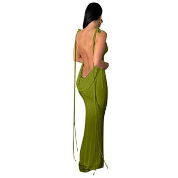 JUMISEE Women Sexy Backless Draped Maxi Dress Elegant Sleeveless Spaghetti Strap Evening Dress Long Club Party Beach Dress Olive Green