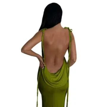 JUMISEE Women Sexy Backless Draped Maxi Dress Elegant Sleeveless Spaghetti Strap Evening Dress Long Club Party Beach Dress Olive Green