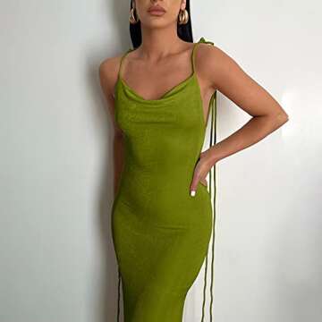 JUMISEE Women Sexy Backless Draped Maxi Dress Elegant Sleeveless Spaghetti Strap Evening Dress Long Club Party Beach Dress Olive Green