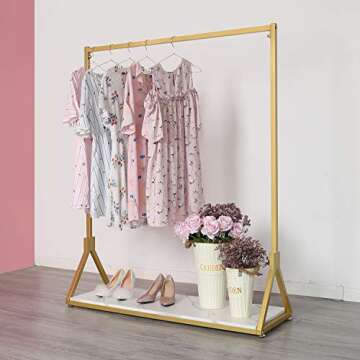 HOMEKAYT Gold Clothing Rack Gold Garment Rack with Wooden Shelf Gold Clothes Rack Metal Display Rack for Boutique Retail Heavy Duty Hanging Rack- 47.2’’L