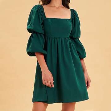 EXLURA Womens Square Neck Dress Long Puff Sleeve A-Line Casual Short Mini Dress Dark Green