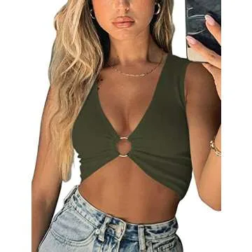 AEVZIV Sexy Crop Tops for Women Sleeveless Deep V Neck Workout Tops Plunge Ring Cleavage Cropped Tank Top