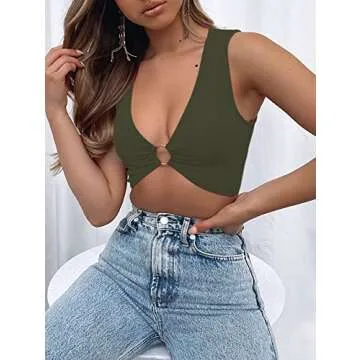 AEVZIV Sexy Crop Tops for Women Sleeveless Deep V Neck Workout Tops Plunge Ring Cleavage Cropped Tank Top