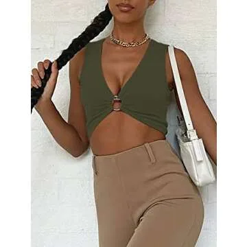 AEVZIV Sexy Crop Tops for Women Sleeveless Deep V Neck Workout Tops Plunge Ring Cleavage Cropped Tank Top