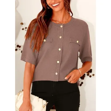 PRETTYGARDEN Women's Summer Button Down Shirts Casual Short Sleeve Crew Neck Ribbed Knit Blouse Top Cardigans (Khaki,Large)