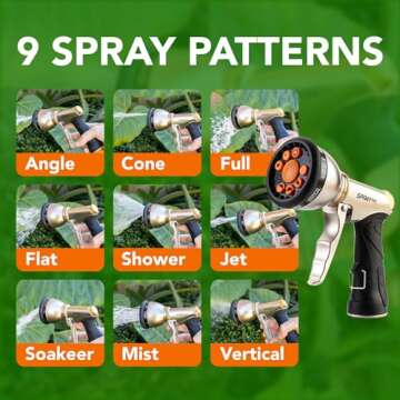 Garden Hose Nozzle Heavy Duty - 9 Spray Patterns & 5 Extra Washers - Durable Spray Nozzles for Garde...
