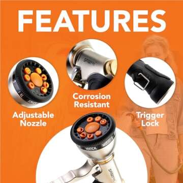 Garden Hose Nozzle Heavy Duty - 9 Spray Patterns & 5 Extra Washers - Durable Spray Nozzles for Garden Hose, Water Plants, Dog Wash -High-Pressure Water Hose Nozzle, Easy-to-Use Nozzles for Water Hoses