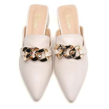 Tilocow Metal Chain Decor Mules Heels for Women Chunky Heeled Sandals Slip on Loafers Closed Toe Sli...