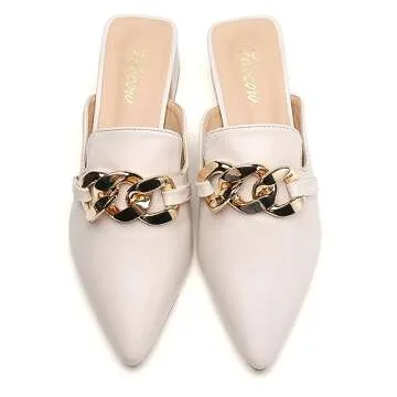 Tilocow Metal Chain Decor Mules Heels for Women Chunky Heeled Sandals Slip on Loafers Closed Toe Sli...