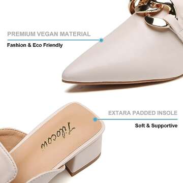 Tilocow Metal Chain Decor Mules Heels for Women Chunky Heeled Sandals Slip on Loafers Closed Toe Slides for Women Backless Mules Apricot 8.5