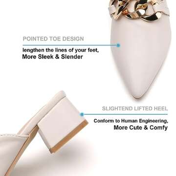 Tilocow Metal Chain Decor Mules Heels for Women Chunky Heeled Sandals Slip on Loafers Closed Toe Slides for Women Backless Mules Apricot 8.5